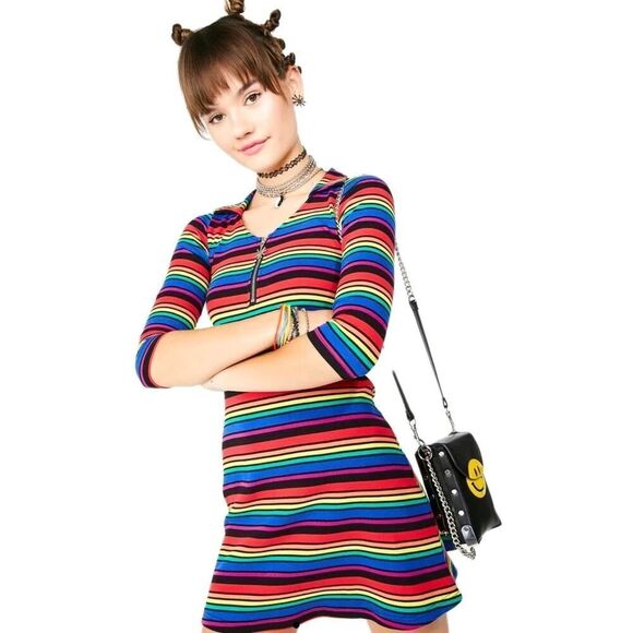 DELIAS x Dolls kill La Vida Loca Rainbow Striped Dress, 90s Y2K Whimsical | L - Picture 12 of 13